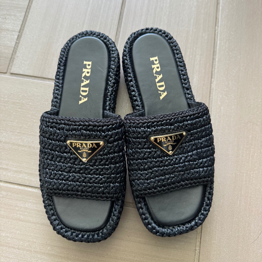 Prada Enameled Metal Triangle Raffia Espadrilles